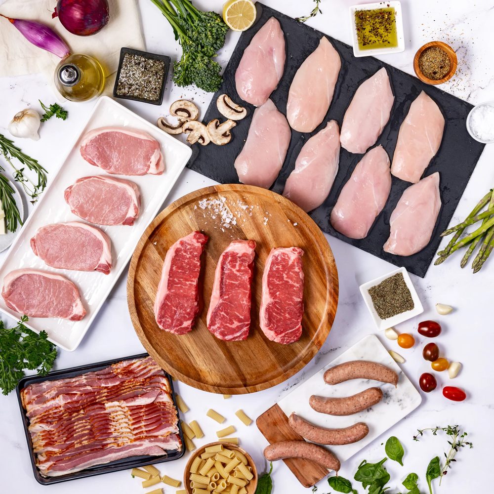 A Good Ranchers box of steaks, chicken, pork chops, bacon and sausage
